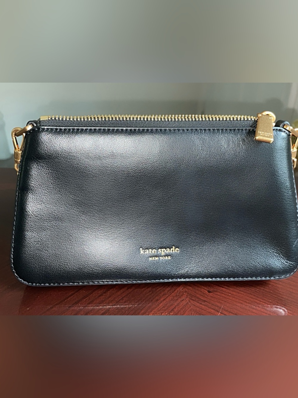 kate spade Black Leather Zip Around Wallet with Gold Logo